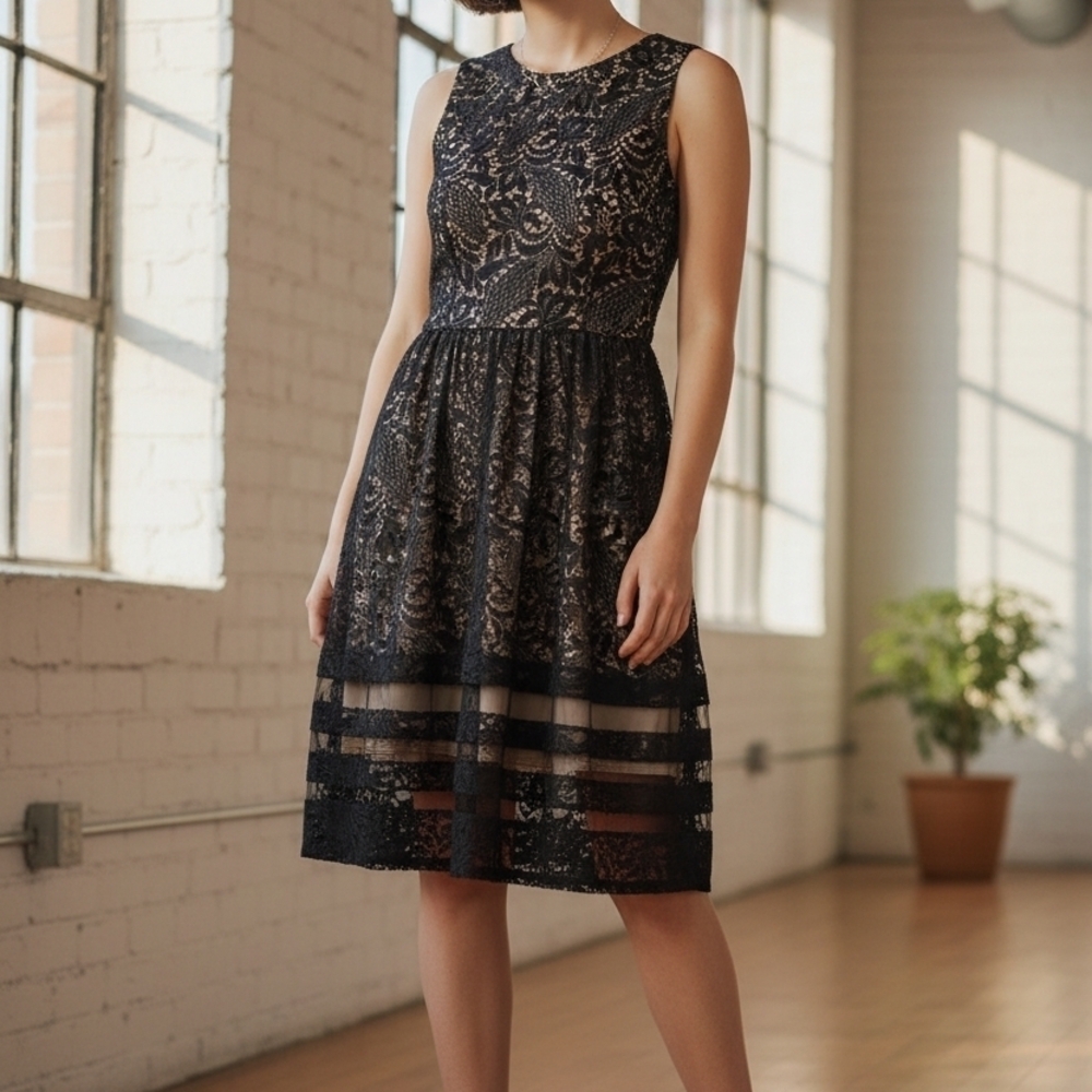 Eliza J Black Lace Fit & Flare Cocktail Dress Dark Romantic Coquette Chic Goth - Picture 9 of 11